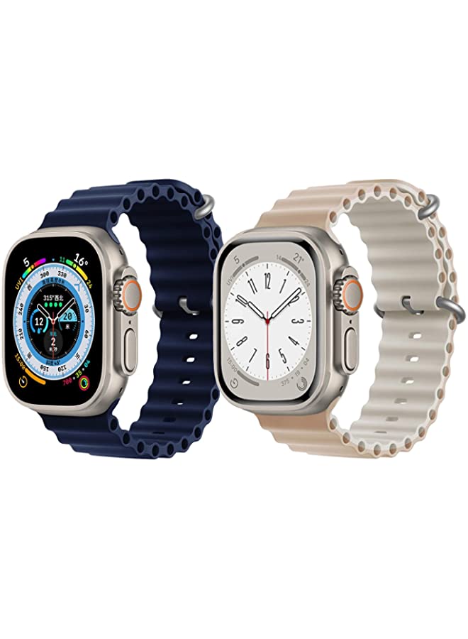 IAF Silicone Ocean Band Strap for Apple Watch Ultra 8 49mm Navy Blue Single Color Strap with Beige/White Double Side Strap Set of 2