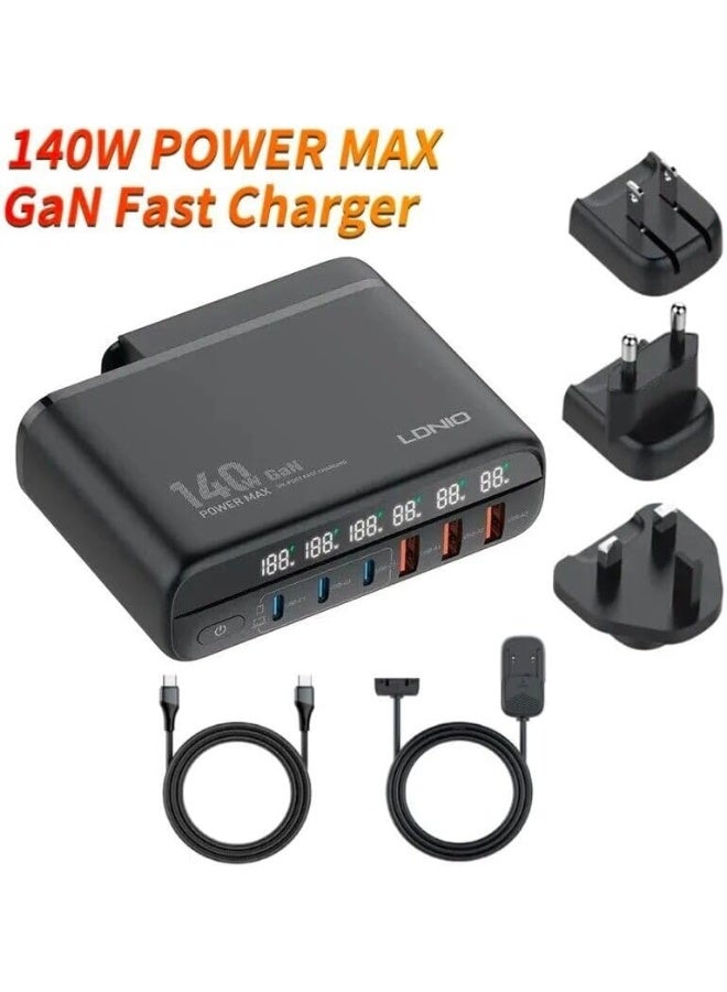 LDNIO Charger GaN 140W Super Fast Charger SIX Port Support QC5/QC4+/QC3.0/PPS/AFC/FCP/SCP- Black - Image 2