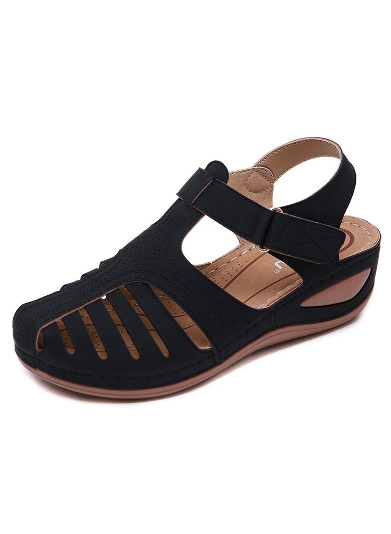 Summer Hollow Out Retro Wedge Sandals Black - Image 1