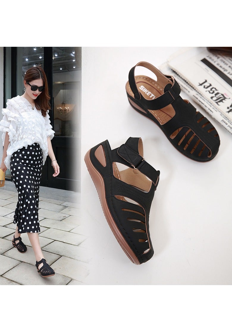 Summer Hollow Out Retro Wedge Sandals Black - Image 5