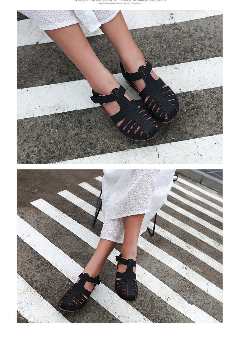 Summer Hollow Out Retro Wedge Sandals Black - Image 4