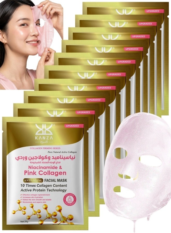 Kanza 10 Pcs Niacinamide & Pink Collagen Anti Aging Facial Mask Set ,Korean Collagen Face Mask, Hydrating Face Masks, Instant Lifting & Firming Face Mask Sheet, Moisturizing Face Mask Set,Niacinamide Masks, Real Deep Mask Daily Korean Skincare for All Skin Types 10x25g - Image 1