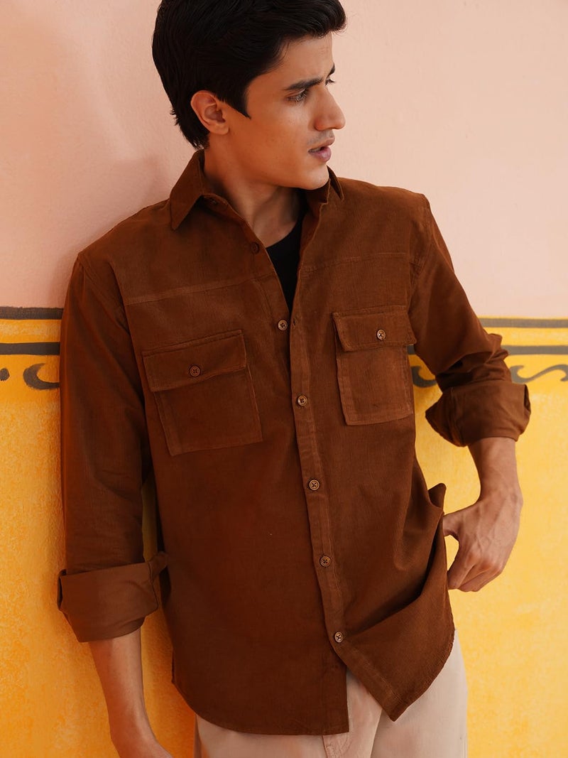 Indian Needle Brown Men Standard Corduroy Cotton Regular Fit Shirt (Brown, L) - Image 4