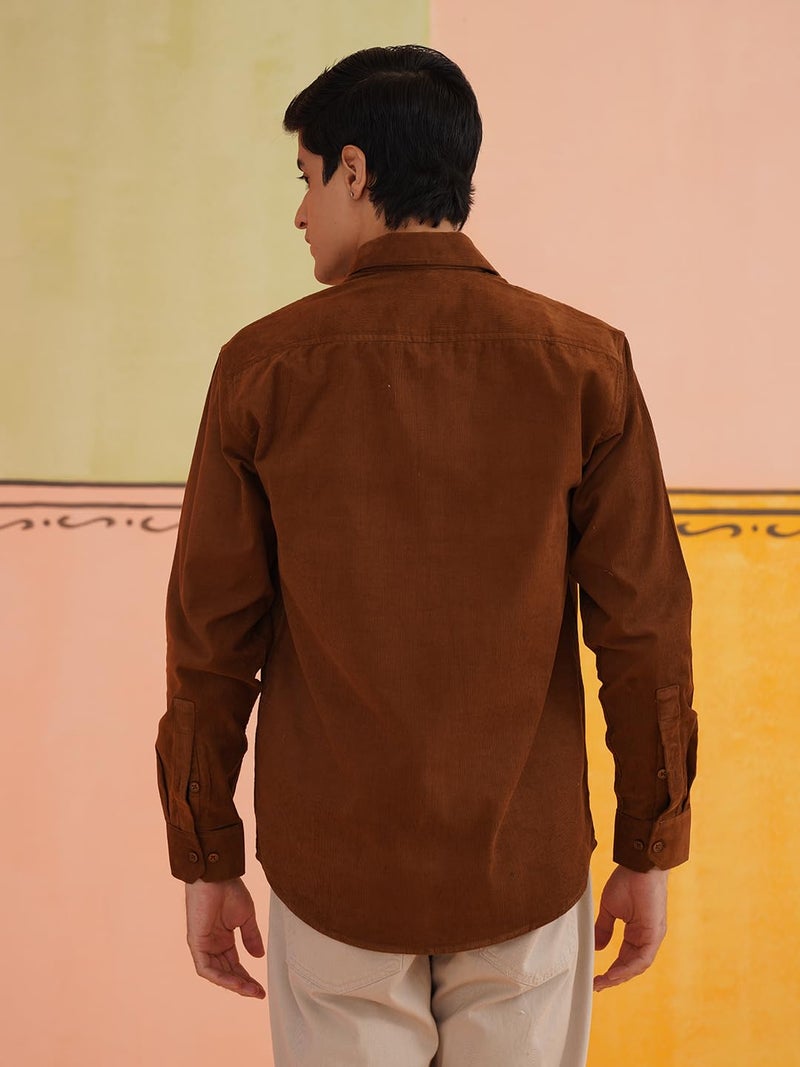 Indian Needle Brown Men Standard Corduroy Cotton Regular Fit Shirt (Brown, L) - Image 2