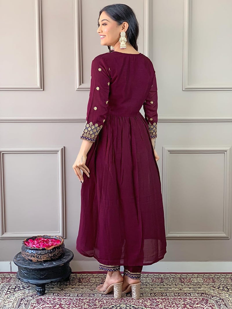 Naixa Women's Wine Vichitra Silk Embroidered A-line Kurta with Vichitra Silk Pant and Chinon Embroidered Dupatta Sets (NK-442-Wine-XXL) - Image 4
