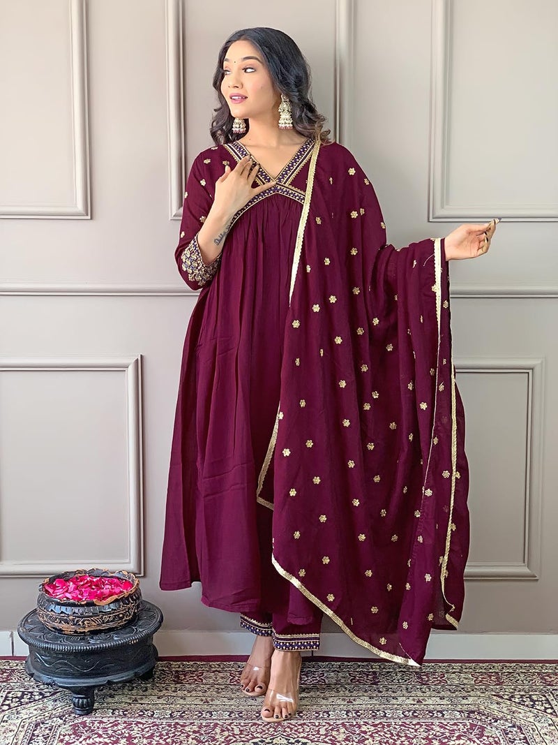 Naixa Women's Wine Vichitra Silk Embroidered A-line Kurta with Vichitra Silk Pant and Chinon Embroidered Dupatta Sets (NK-442-Wine-XXL) - Image 2