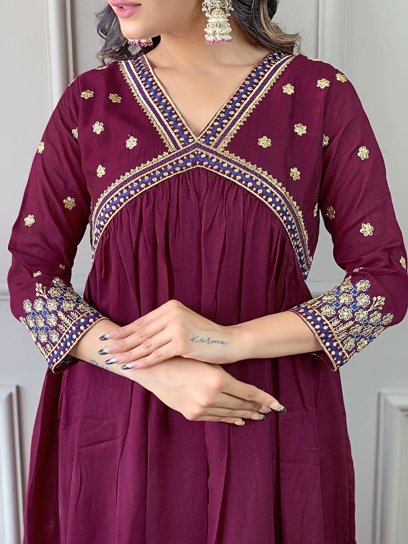 Naixa Women's Wine Vichitra Silk Embroidered A-line Kurta with Vichitra Silk Pant and Chinon Embroidered Dupatta Sets (NK-442-Wine-XXL) - Image 5