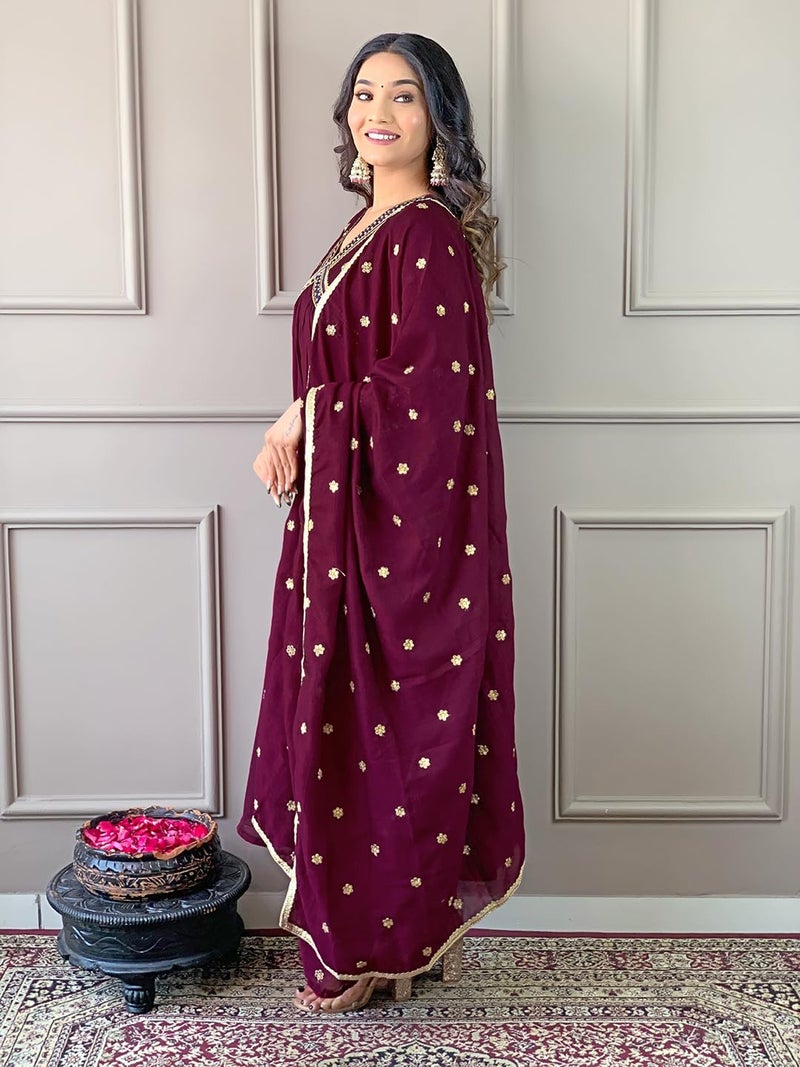 Naixa Women's Wine Vichitra Silk Embroidered A-line Kurta with Vichitra Silk Pant and Chinon Embroidered Dupatta Sets (NK-442-Wine-XXL) - Image 3