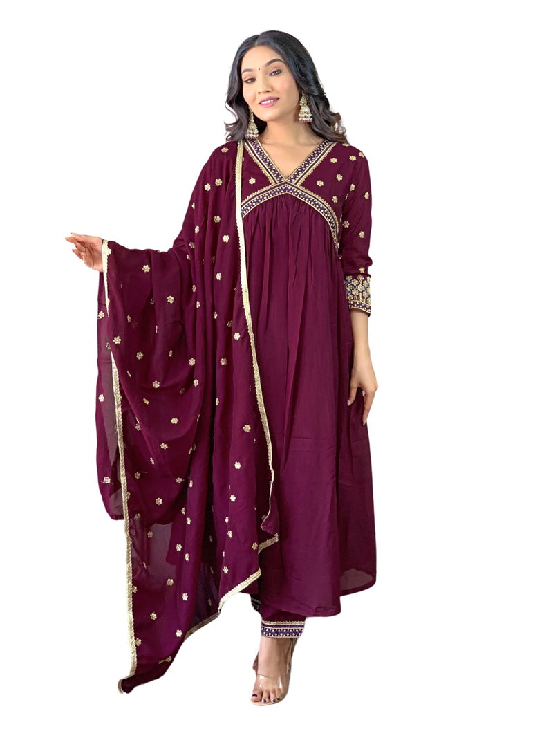 Naixa Women's Wine Vichitra Silk Embroidered A-line Kurta with Vichitra Silk Pant and Chinon Embroidered Dupatta Sets (NK-442-Wine-XXL) - Image 1