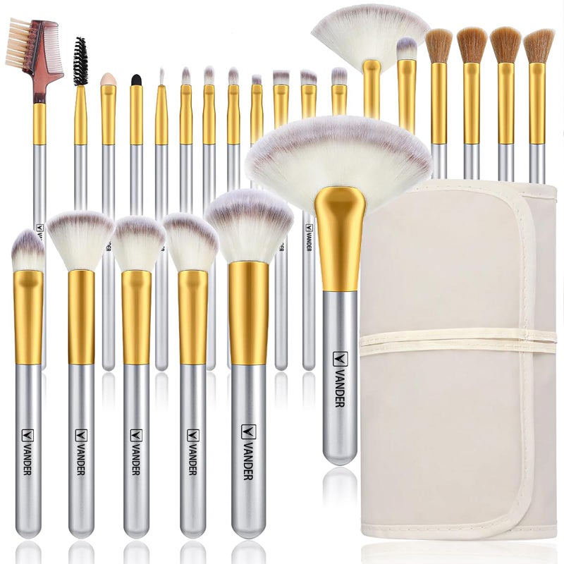 VANDER Makeup Brushes, 24Pcs Premium Synthetic Fiber&Wooden Handle Travel Makeup Brush Set, Foundation Powder Concealers Eye Shadows Blush Make up Brushes for Women, Girl, with Cosmetic Bag, Champagne - Image 1