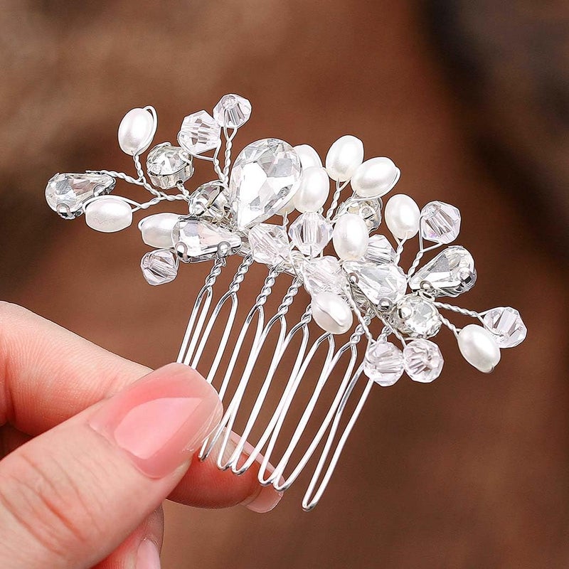 Foyte Wedding Pearl Hair Side Comb Silver Rhinestone Bridal Hair Clip Crystal Hair Pieces for Bride and Bridesmaid