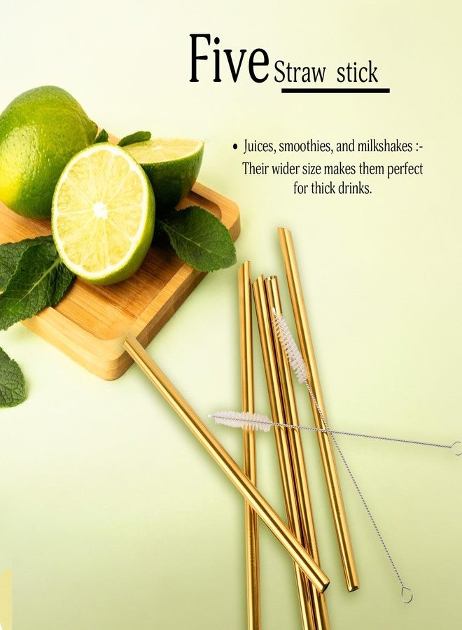 The Autostory Angled Tips Reusable Boba & Smoothie Straws, 5 Pcs 10" Long & 0.5" Wide Stainless Steel Metal Straws for Bubble Tea/Tapioca Pearl, Shakes, Jumbo Drinks with 2 Brushes & 1 Bag (Golden) - Image 4
