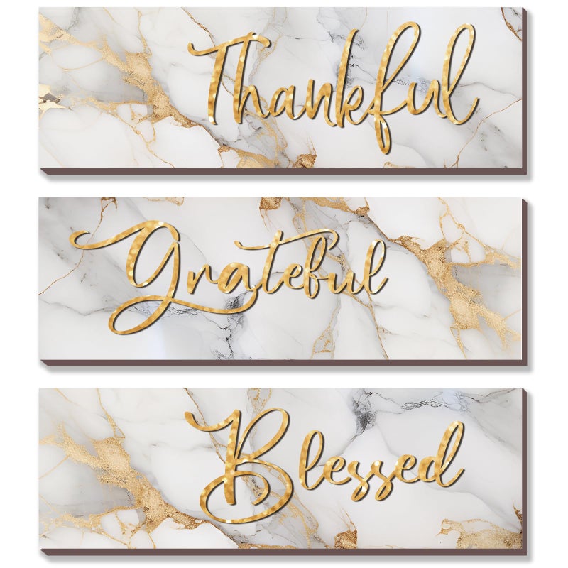 ONIZHITY 3Pcs White and Gold Bathroom Decor White Gold Wall Decor Thankful Grateful Blessed Quote Marble Style Versatile Home Art for Motivation Girls Bedroom Living Room Office 12x4 - Image 2