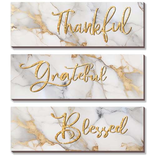 ONIZHITY 3Pcs White and Gold Bathroom Decor White Gold Wall Decor Thankful Grateful Blessed Quote Marble Style Versatile Home Art for Motivation Girls Bedroom Living Room Office 12x4 - Image 1