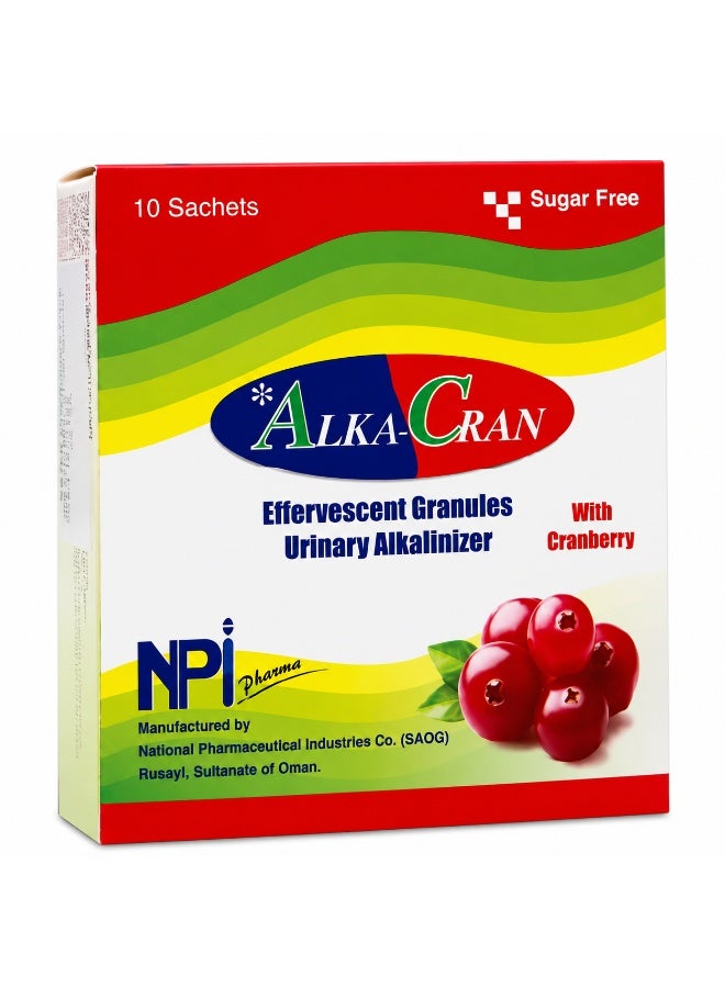 Alka-Cran Sachets 10s | Effervescent Urinary Alkalinizer with Cranberry | Sugar Free Cranberry Flavoured Granules