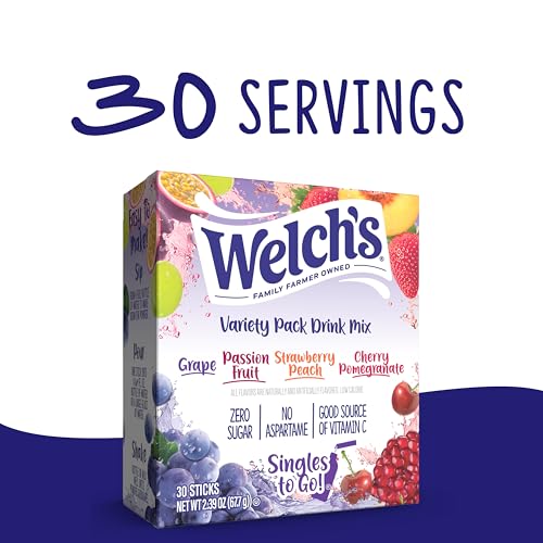 SINGLES TO GO! Welch's Singles To Go Variety Pack, Watertok Powdered Drink Mix, Includes 4 Flavors, Grape, Passion fruit, Strawberry Peach, Cherry Pomegranate, 1 Box (30 Servings) - Image 4