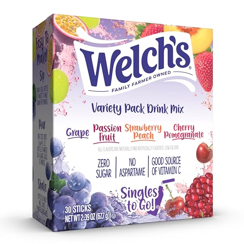 SINGLES TO GO! Welch's Singles To Go Variety Pack, Watertok Powdered Drink Mix, Includes 4 Flavors, Grape, Passion fruit, Strawberry Peach, Cherry Pomegranate, 1 Box (30 Servings) - Image 1