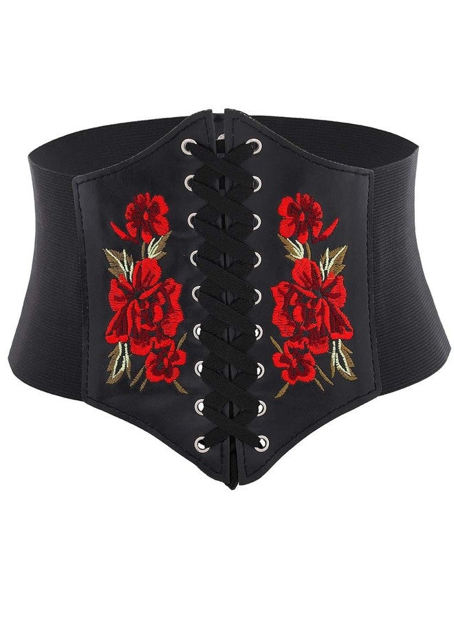 Urieo Embroidered Rose Corset Belt Black Lace-up Waist Cincher Belt Renaissance Underbust Halloween Dresses Wide Elastic Waspie Belts for Women - Image 1