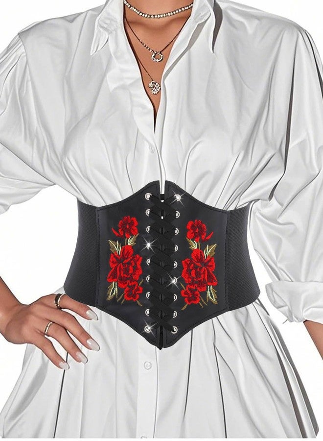 Urieo Embroidered Rose Corset Belt Black Lace-up Waist Cincher Belt Renaissance Underbust Halloween Dresses Wide Elastic Waspie Belts for Women - Image 2