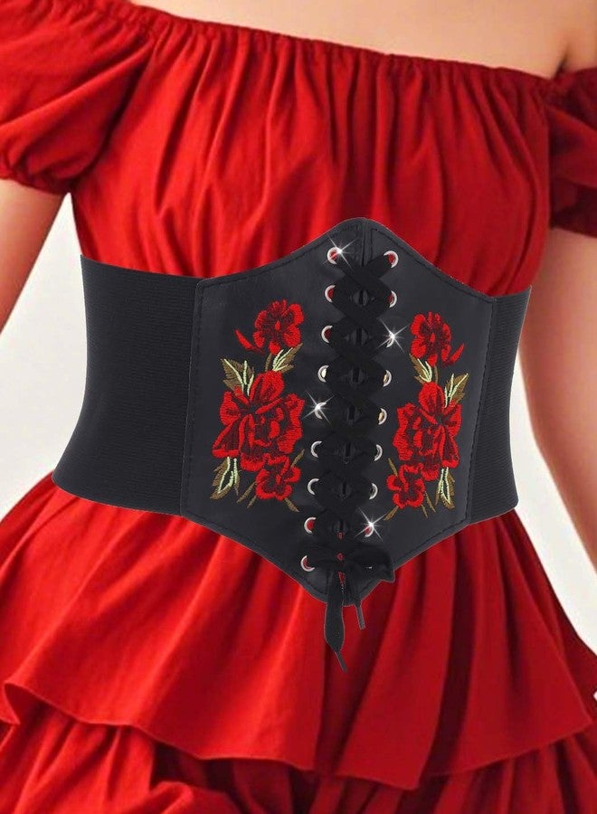 Urieo Embroidered Rose Corset Belt Black Lace-up Waist Cincher Belt Renaissance Underbust Halloween Dresses Wide Elastic Waspie Belts for Women - Image 4