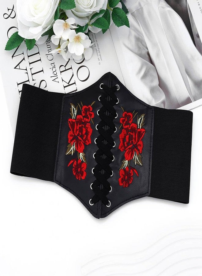 Urieo Embroidered Rose Corset Belt Black Lace-up Waist Cincher Belt Renaissance Underbust Halloween Dresses Wide Elastic Waspie Belts for Women - Image 5