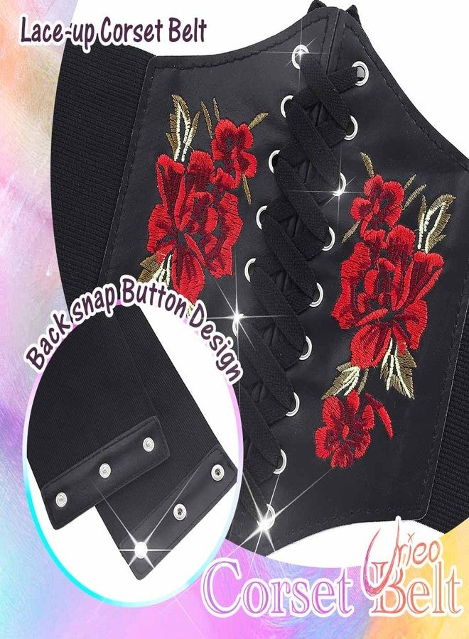Urieo Embroidered Rose Corset Belt Black Lace-up Waist Cincher Belt Renaissance Underbust Halloween Dresses Wide Elastic Waspie Belts for Women - Image 3