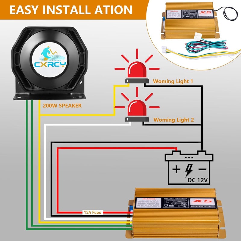 CXRCY 200W Loud PA System with Wireless Mic - 12V Emergency Siren Speaker with 18 Tones - Image 4