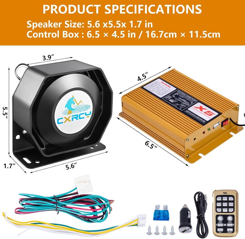 CXRCY 200W Loud PA System with Wireless Mic - 12V Emergency Siren Speaker with 18 Tones - Image 5