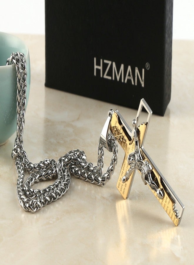 هزمان قلادة HZMAN للرجال من الفولاذ المقاوم للصدأ على شكل صليب من الكتاب المقدس وسلسلة 22 + 2 بوصة ذهبية - Image 5