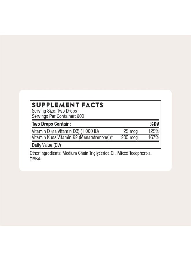 Thorne Vitamin D + K2  - 1 Fl. Oz. 30 ml Dietary Supplement - Image 2