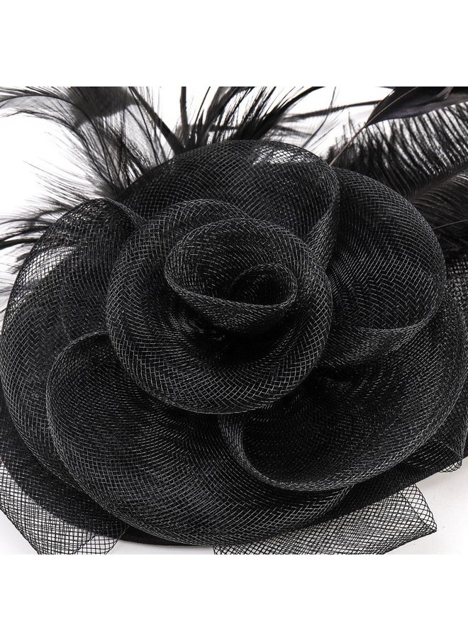 DEAYOU - Fascinator Hat Hair Clip Hat For Women Fibre Feather Flower Bowler Small Veil Wedding Party Hat Tea Hat Headpiece For Cocktail Party Black - Image 1