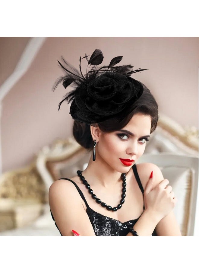 DEAYOU - Fascinator Hat Hair Clip Hat For Women Fibre Feather Flower Bowler Small Veil Wedding Party Hat Tea Hat Headpiece For Cocktail Party Black - Image 1