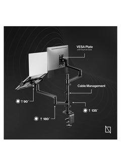 NAVODESK Navodesk Control Monitor Arm Model L with Laptop Tray Dual Monitor Stand for 17 to 32 Screens and 11.6 to 17.3 Laptops Ergonomic and Space-Saving Design Dual with Laptop Holder Black  - Image 2