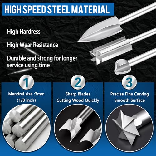 shengbenhao Wood Carving Bits for Dremel Rotary Tools, 6 Pcs Wood Carving Drill Bits Set, 1/8” Shank Rotary Tool Bits for DIY Woodworking Carving Engraving Grinding Drilling Micro Sculpture - Image 2
