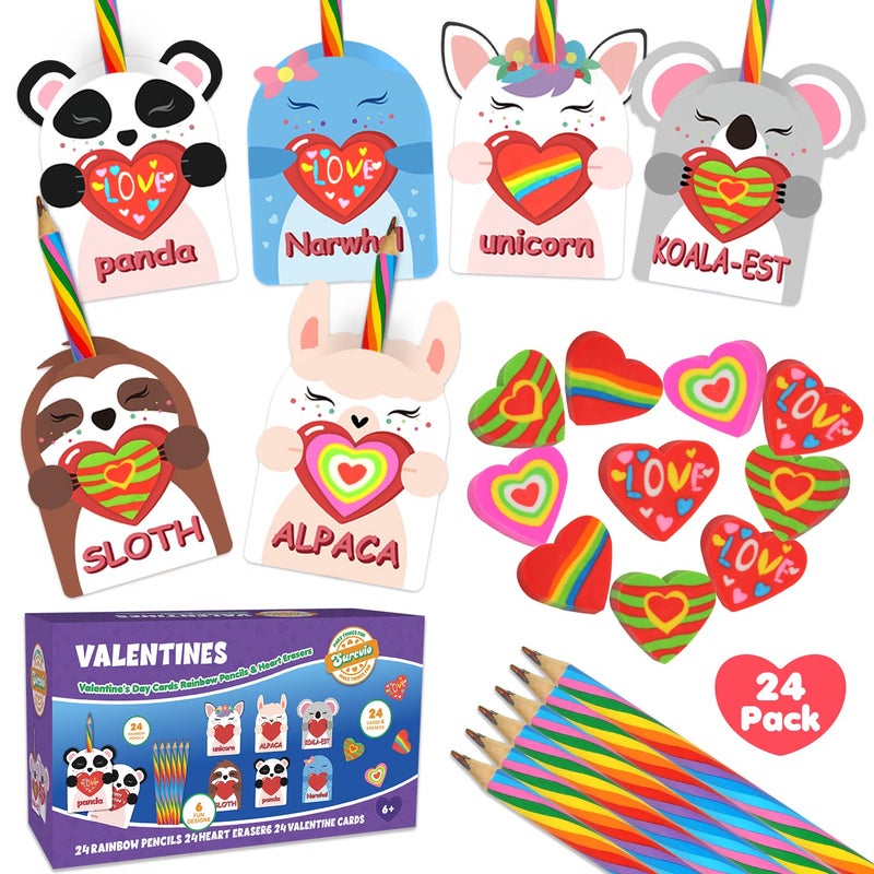 SURCVIO 24 Pack Unicorn Valentines Day Cards for Kids 24 Rainbow Pencils 24 Heart Erasers Stationery Valentines Classroom Exchange Party Favors Valentines Card Gifts for Boys Girls School - Image 3