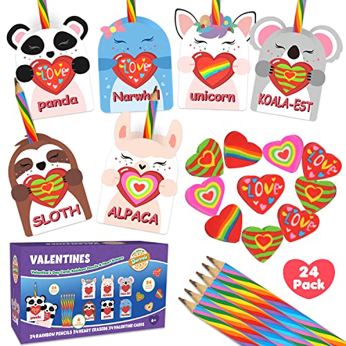 SURCVIO 24 Pack Unicorn Valentines Day Cards for Kids 24 Rainbow Pencils 24 Heart Erasers Stationery Valentines Classroom Exchange Party Favors Valentines Card Gifts for Boys Girls School - Image 1