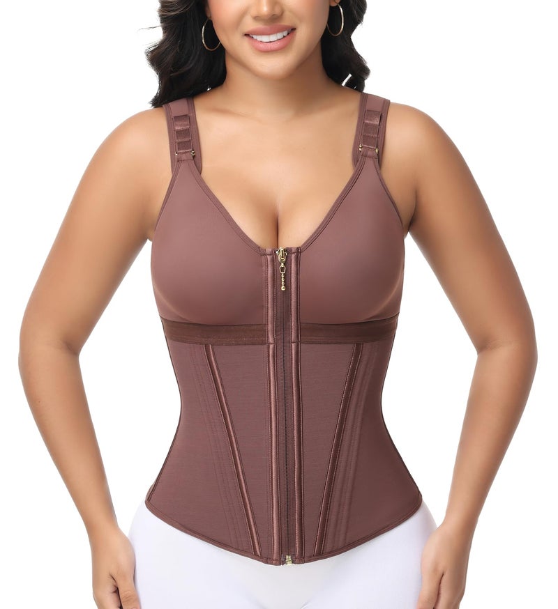 SHAPSHE Waist Trainer Corset for Women Tummy Control Sport Workout Body Shaper Vest for Women Postpartum Gym Zipper Mocha - Image 1