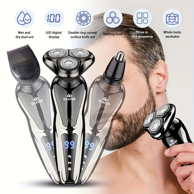 ماكينة حلاقة كهربائية للرجال 3 في 1، سوداء، قابلة لإعادة الشحن عبر USB، بثلاث رؤوس عائمة ثلاثية الأبعاد وشاشة رقمية - Image 1