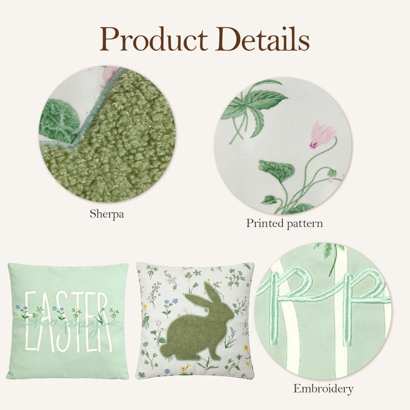 DN DECONATION Easter Pillow Covers 18x18 Inch, Spring Throw Pillow Covers Set of 2, Farmhouse Decorative Lumbar Pillows Case for Couch, Sofa, Living Room, Easter Home Green Bunny Decor - Image 5