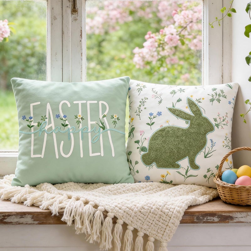 DN DECONATION Easter Pillow Covers 18x18 Inch, Spring Throw Pillow Covers Set of 2, Farmhouse Decorative Lumbar Pillows Case for Couch, Sofa, Living Room, Easter Home Green Bunny Decor - Image 1