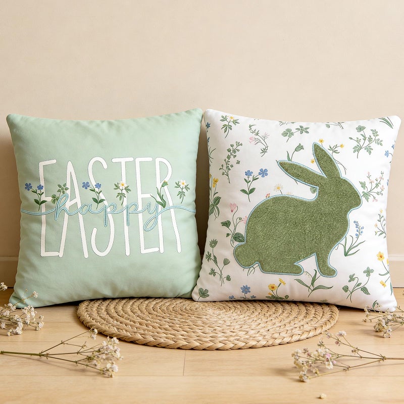 DN DECONATION Easter Pillow Covers 18x18 Inch, Spring Throw Pillow Covers Set of 2, Farmhouse Decorative Lumbar Pillows Case for Couch, Sofa, Living Room, Easter Home Green Bunny Decor - Image 3