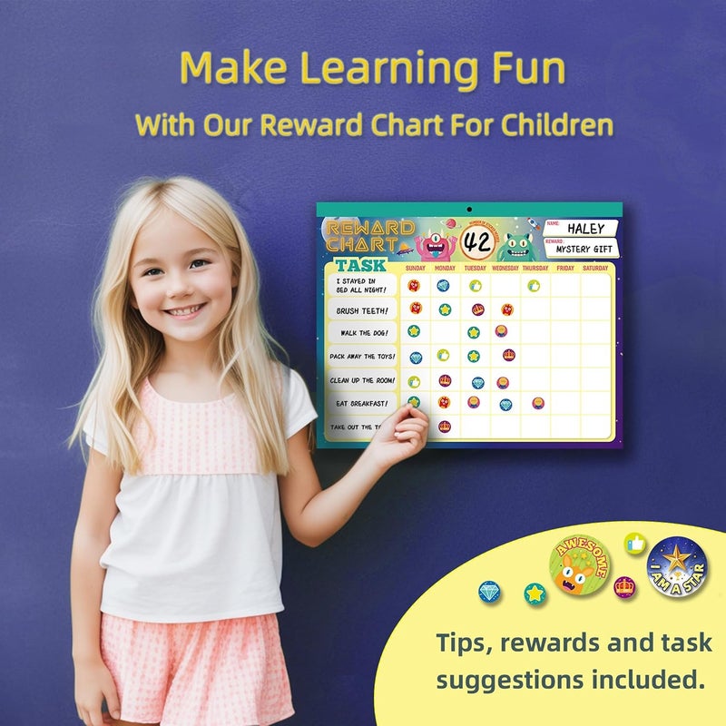 Azonee Kids Behavior Reward Chart with 26 Chore Charts & 2280 Stickers - Motivate Responsibility & Good Habits Family Planner, Educational Routine Behavior Chart, White Board Wall for Home Office - Image 3