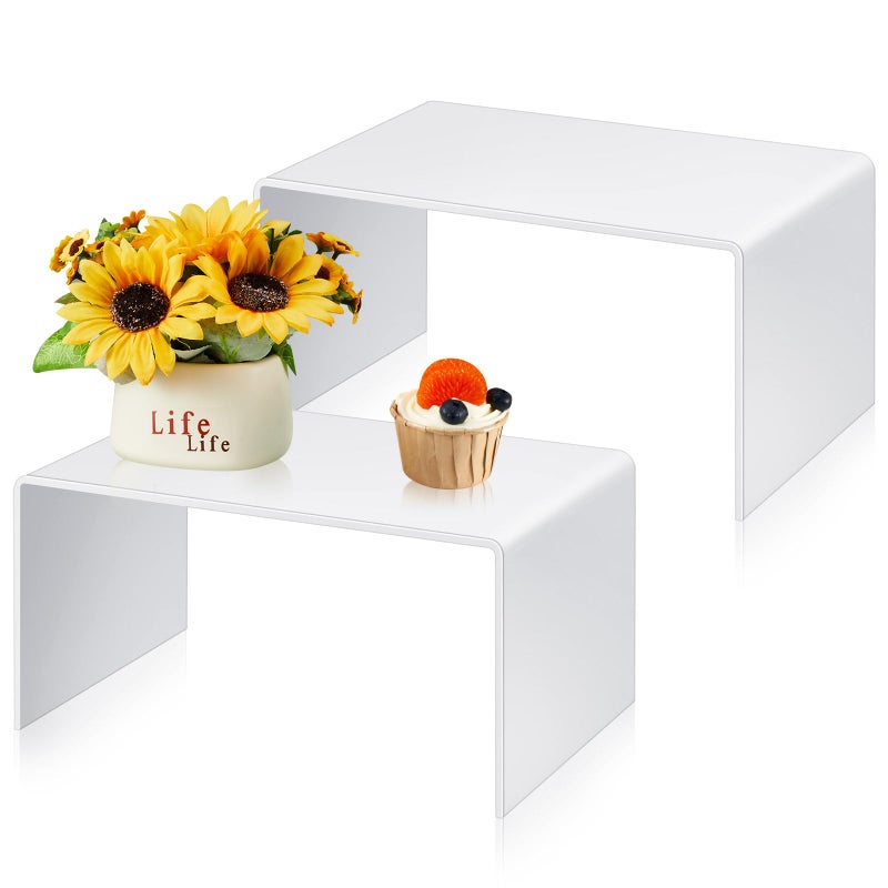 RattanView 2 Pcs 14 Inch Large Acrylic Risers Display Stands 5 mm Thick Acrylic Shelf Riser Showcase for Collectibles Jewelry Cupcakes Food Figures Perfume Cabinet (White) - Image 1