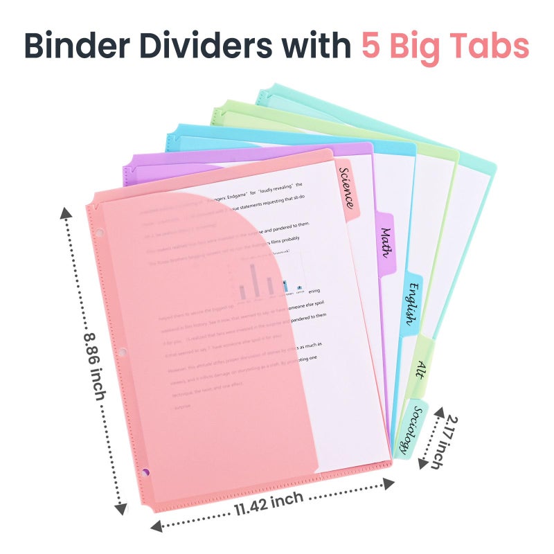 XRUNMIX 5 Tabs Dividers with Pockets for 3 Ring Binder, 5 Counts Binder Dividers Index for US Letter Size, Binder Dividers with Tabs for School Office Organization(XY026) (1) - Image 2