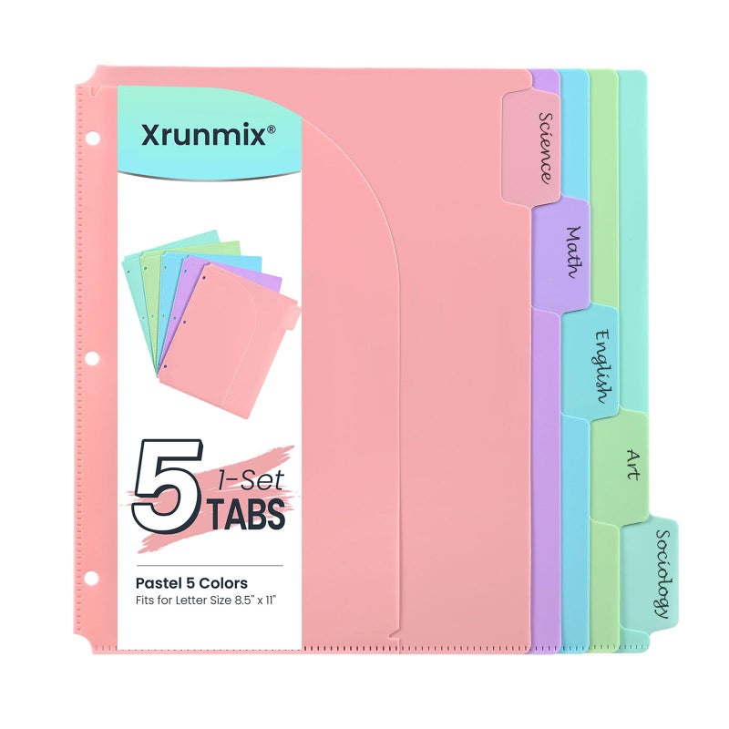 XRUNMIX 5 Tabs Dividers with Pockets for 3 Ring Binder, 5 Counts Binder Dividers Index for US Letter Size, Binder Dividers with Tabs for School Office Organization(XY026) (1) - Image 1