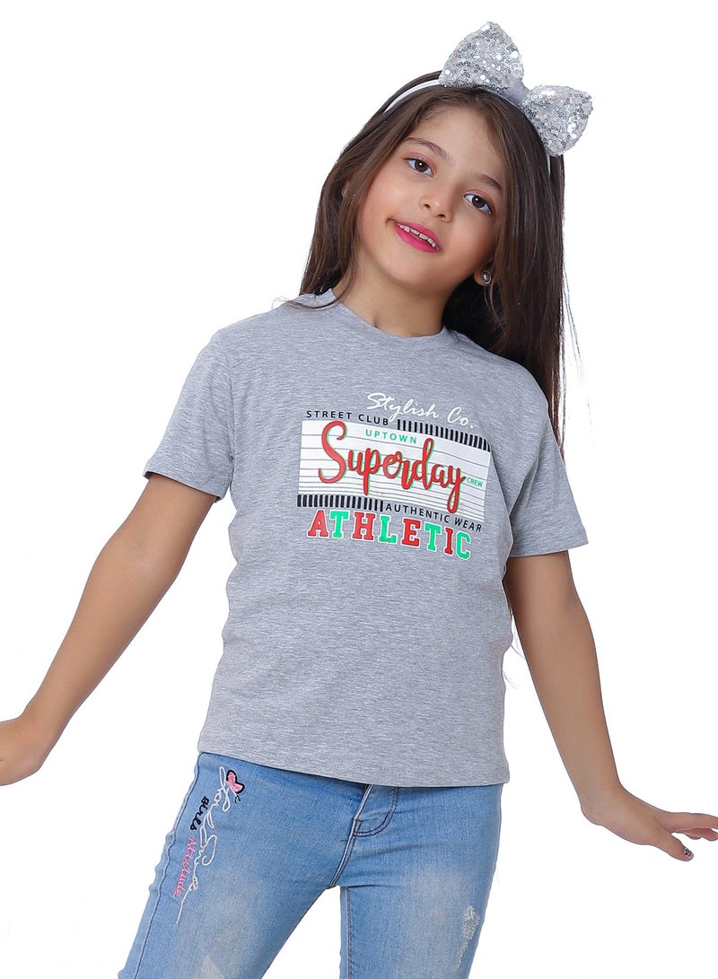 بيبو تيشيرت بناتي مطبوع نص كم_رمادي - Image 3