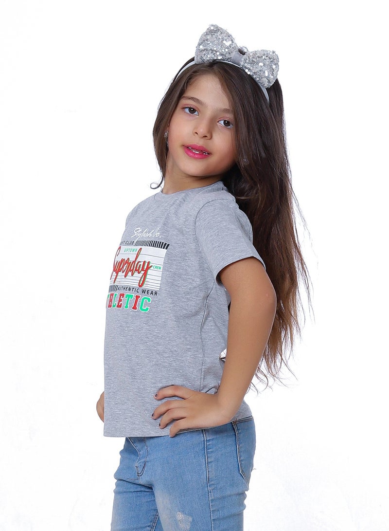 بيبو تيشيرت بناتي مطبوع نص كم_رمادي - Image 2