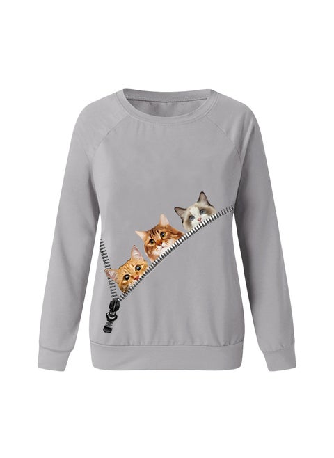 2024 cross-border source 2024 Amazon eBay wish animal cat pattern printed long sleeve round neck sweater Grey