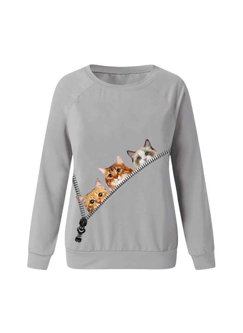 Generic - Cat Animal Pattern Printed Long Sleeve round Neck Sweatshirt Street Style Loose Fit Polyester Fiber Womens Hoodie Grey - Image 1