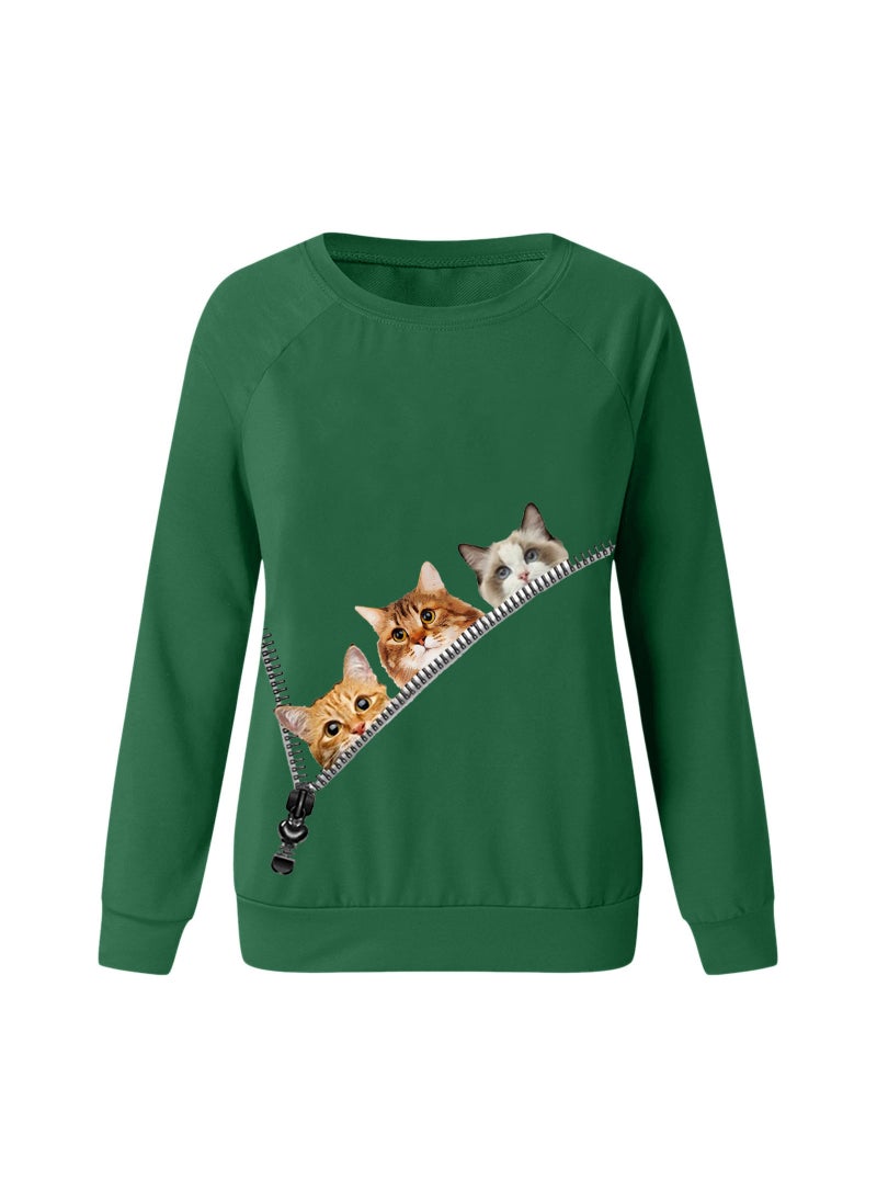 Generic - Cat Animal Pattern Printed Long Sleeve round Neck Sweatshirt Street Style Loose Fit Polyester Fiber Womens Hoodie Grey - Image 1